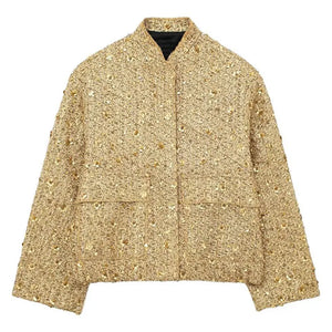Women Fashion Shiny Sequin Jacket Y2k Gold Color Stand Collar Long Sleeve Short Coat Autumn Winter Ladies High Streetwear