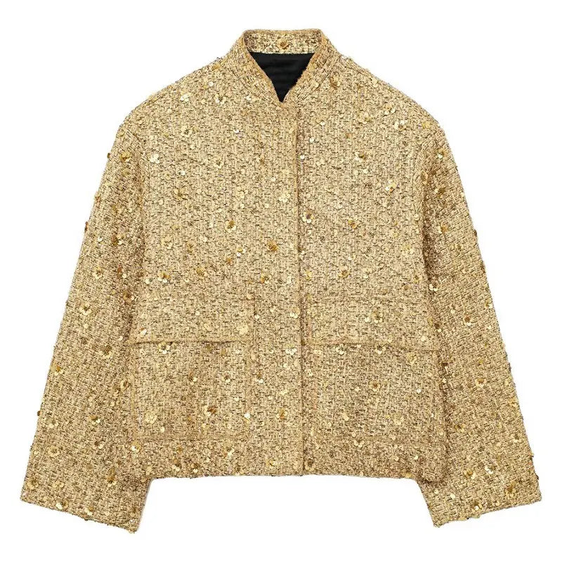 Women Fashion Shiny Sequin Jacket Y2k Gold Color Stand Collar Long Sleeve Short Coat Autumn Winter Ladies High Streetwear