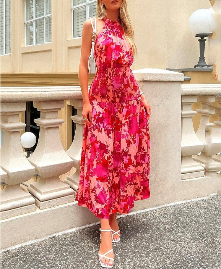 Rose Red Women Backless Tie Back Elegant Halter Sexy Summer Women Dress Thank Sundress Laides Boho Red Sleeveless Maxi Dress