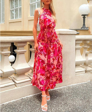 Rose Red Women Backless Tie Back Elegant Halter Sexy Summer Women Dress Thank Sundress Laides Boho Red Sleeveless Maxi Dress