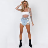 goosudu  See Through Diamond Beads Mesh Women Tops Black Long Sleeve Round Neck Short Tops Women Spring Skinny Fashion Streetwear