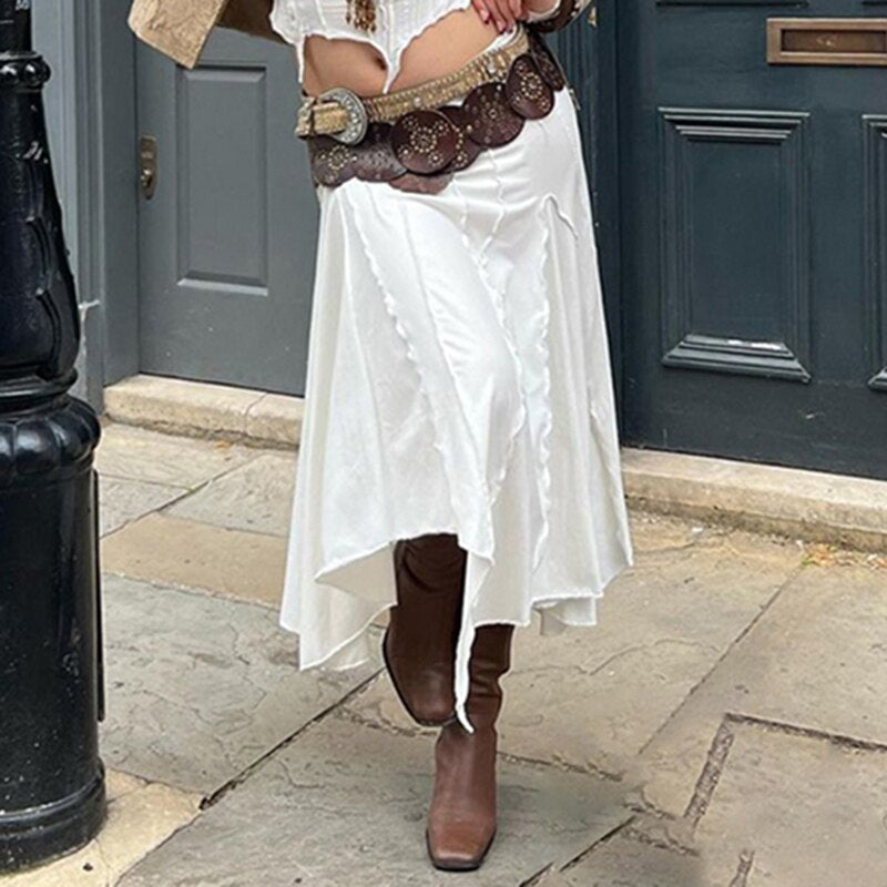 Loose Chic Irregular White Skirt Streetwear Elegant Stitched Summer Midi Skirts For Women Japanese y2k Aesthetic Outfits