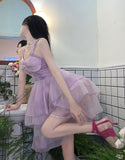 Holiday Sexy Spaghetti Strap Dress High Waist Sweet Mini Princess Dress Female Summer Purple Mesh Puffy Dress Robe Vestido