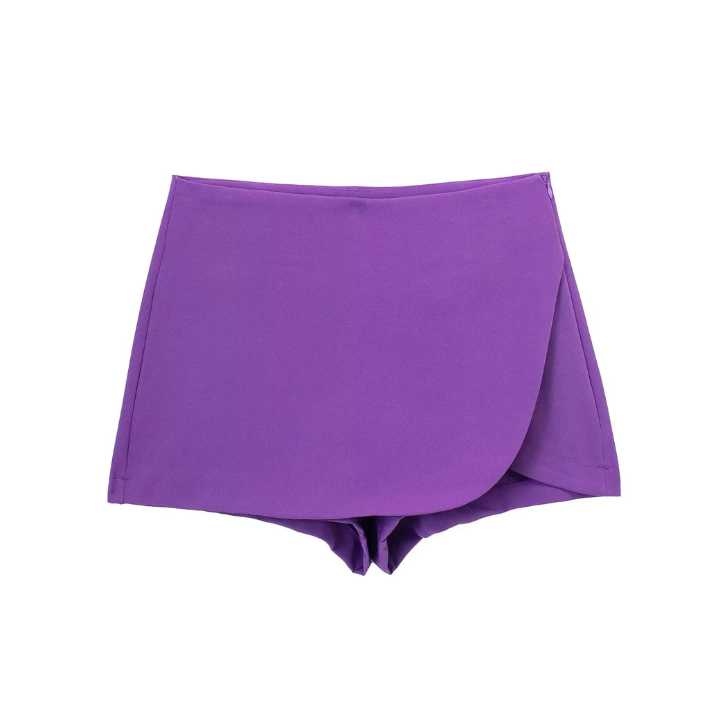 Women Fashion Casual Mini Asymmetrical Skirts Shorts High Waist Back Pockets Wide Leg Skirts Zipper Female Shorts