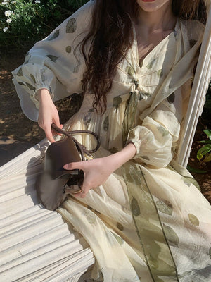 Frehcn Vintage Floral Midi Dress Office Lady V-Neck Casual Beach Party Dress Women Summer Chiffon One Piece Dress Korean