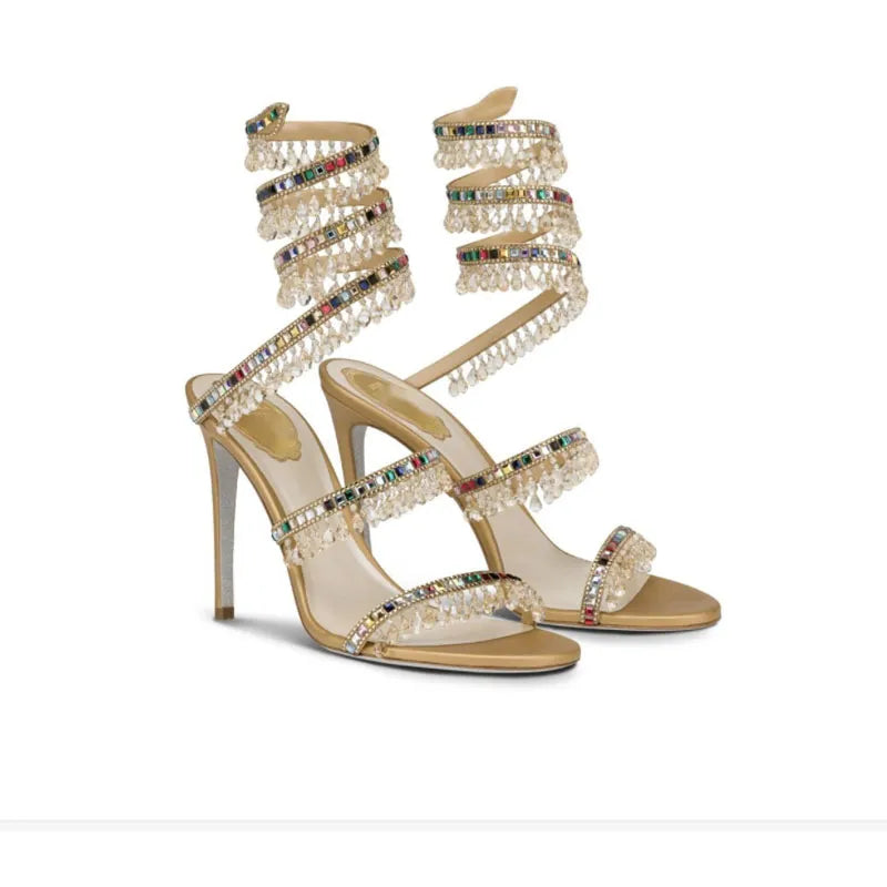 Wedding Fairy Wind Quality Women's Shoes Party Banquet Stiletto High-heel Sexy Snake Wrap Strap Luxury Rhinestone Ankle Sandals