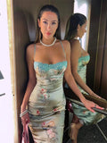 Patchwork Vintage Printed Long Dress Female Slim Elegant Spaghetti Party Gown Dress Backless High Waist Sexy Maxi Dress