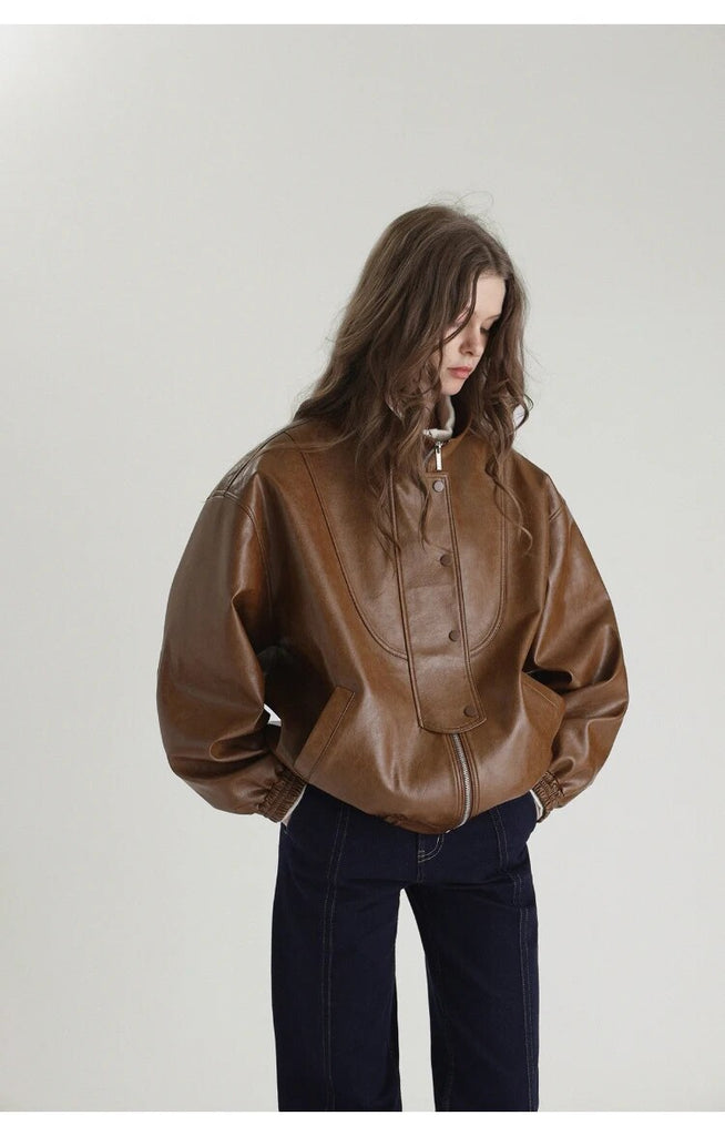 Spring Autumn Cool Oversized Brown Black Faux Leather Bomber Jacket Women Zip Up Luxury Designer Unisex Clothes