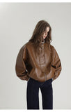 Spring Autumn Cool Oversized Brown Black Faux Leather Bomber Jacket Women Zip Up Luxury Designer Unisex Clothes