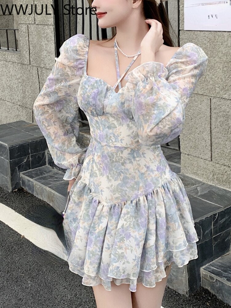 Goosudu  Sexy Floral One Piece Dress Korean Fashion Woman Puff Sleeve Y2k Mini Dress Casual Spring Design Elegant Short Party Dress