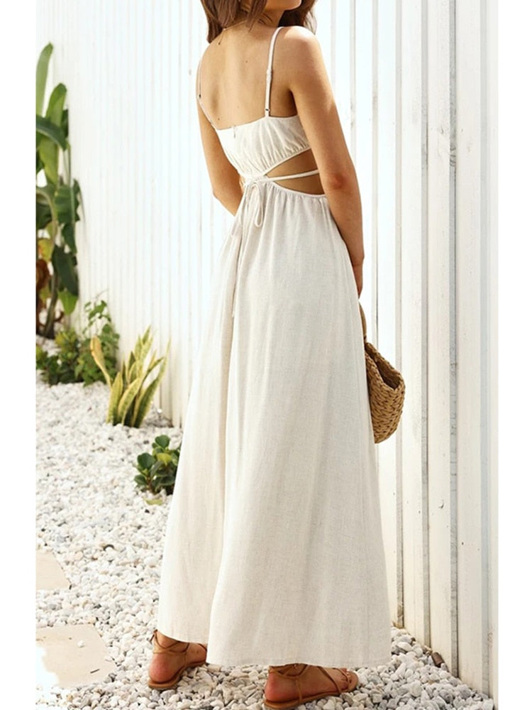 goosudu Spaghetti Strap Waist Hollow Out Beige Summer Maxi Long Dress Solid Elegant Backless Sundress Casual Women Dress