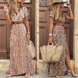 Summer Boho Long Dress Women Paisley Print V Neck Belted Bohemian Maxi Dresses Female Elegant High Slit Robe Party Beach Dress