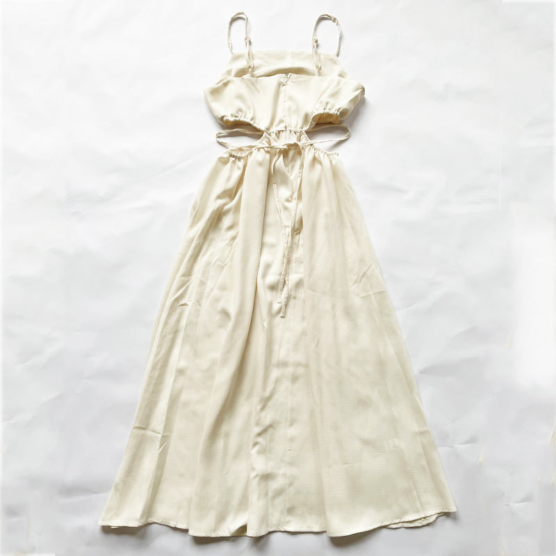 goosudu Spaghetti Strap Waist Hollow Out Beige Summer Maxi Long Dress Solid Elegant Backless Sundress Casual Women Dress