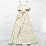 goosudu Spaghetti Strap Waist Hollow Out Beige Summer Maxi Long Dress Solid Elegant Backless Sundress Casual Women Dress