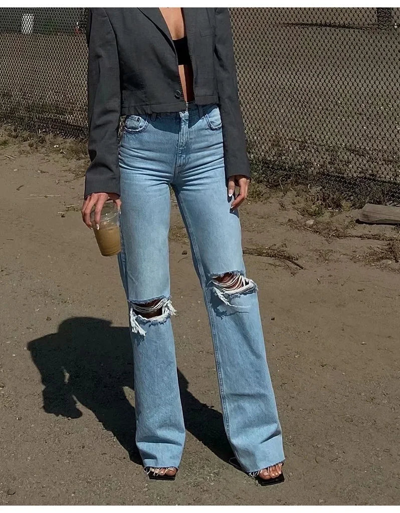Ripped Jeans For Women  Streetwear Straight Denim Pants High Waist Long Denim Trousers Women Hollow Out Jeans