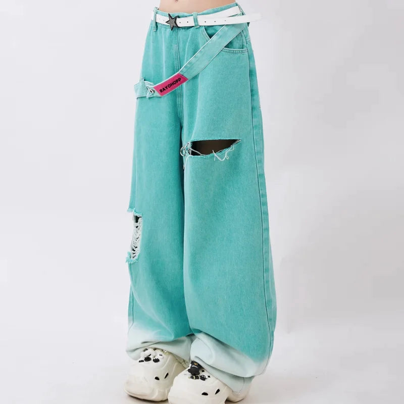 Blue Jeans Women Belt High Waist American Wide Leg Pants Y2K Style Fashion Streetwear Female Pants Autumn Straight Trousers