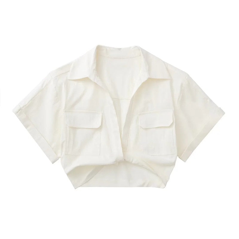 goosudu  Women's Crop Top Collared Short Sleeve Shirt Women Summer Knotted Linen Blouse Woman Streetwear Casual Blouses