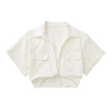 goosudu  Women's Crop Top Collared Short Sleeve Shirt Women Summer Knotted Linen Blouse Woman Streetwear Casual Blouses