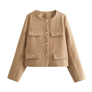 Fashon Tweed Jacket For Women Autumn Winter Long Sleeve Single Breasted Cropped Coat Female Solid O-neck Pocket Outwear Top