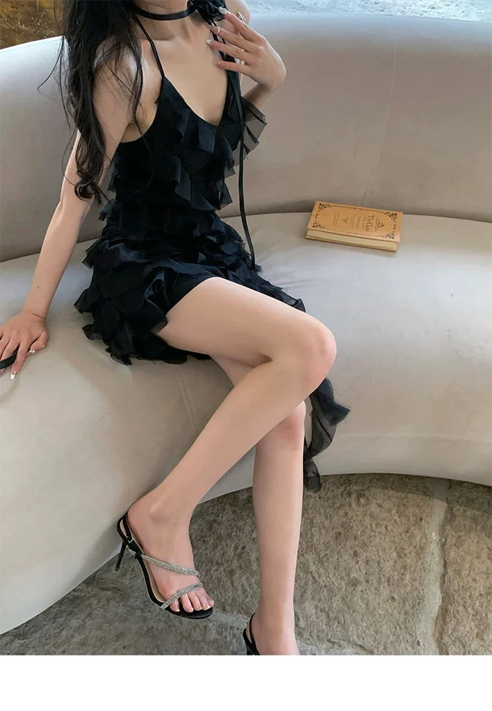 Summer Women's Suspender Dress Sleeveless Holiday Romantic Sexy Style Korean Fashion Irregular Black Chiffon Short Skirt Dress