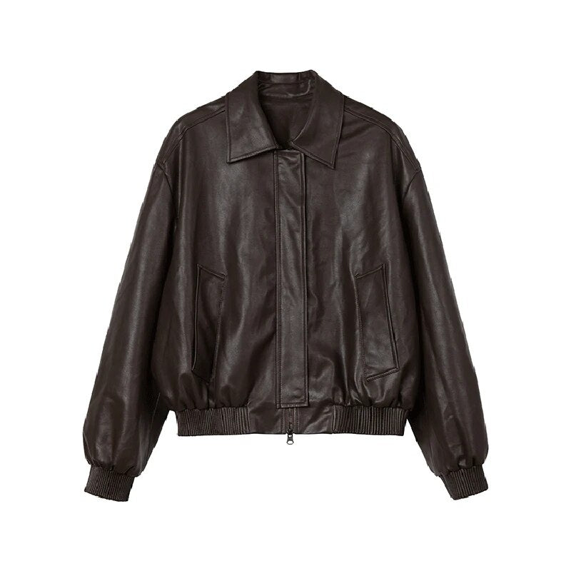 Spring Autumn Oversized Casual Waterproof Coffe Soft Pu Leather Jacket Women with Drop Shoulder Long Sleeve Fashion