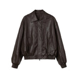 Spring Autumn Oversized Casual Waterproof Coffe Soft Pu Leather Jacket Women with Drop Shoulder Long Sleeve Fashion
