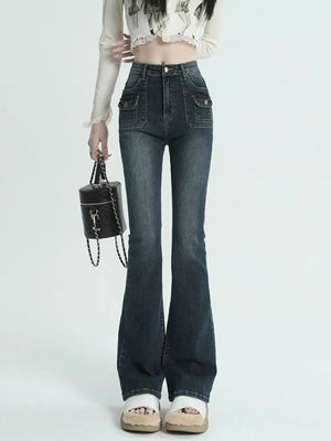 Winter Vintage Flare Jeans Women Streetwear High Waist Chic Casual Y2K Denim Pants Female Korean Style Harajuku Slim Pants