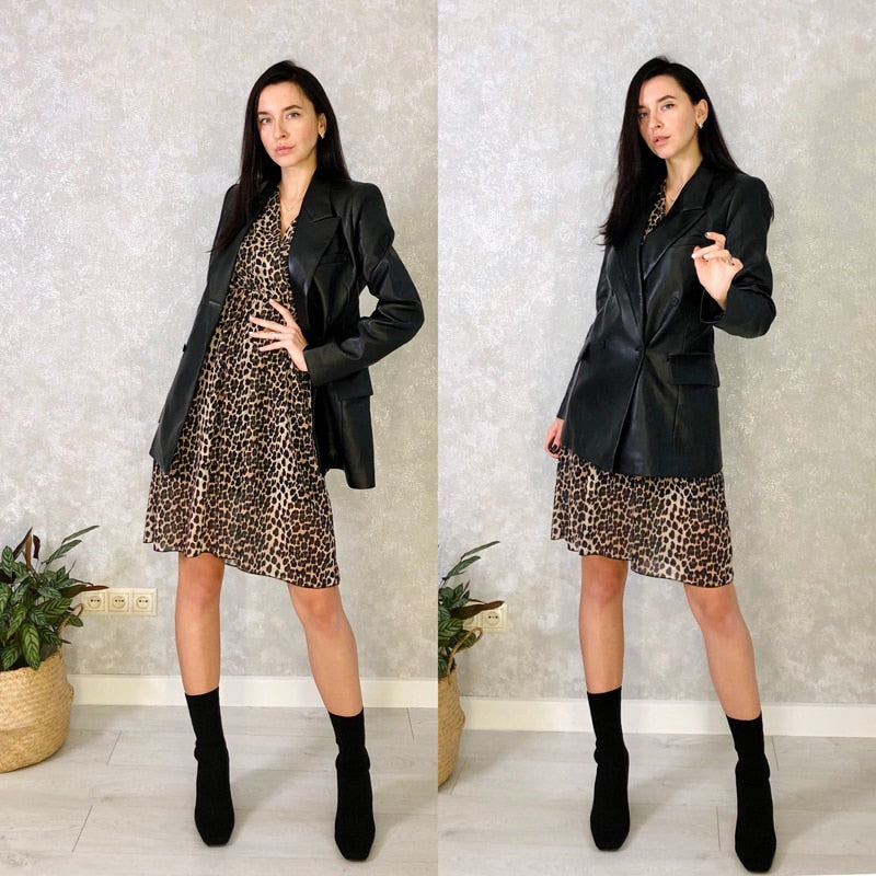 Goosudu  Autumn New Leather Blazer Jacket Women Spring PU Single Button Coat Fit Waist Motorcycle Fashion Jackets Street Outwear