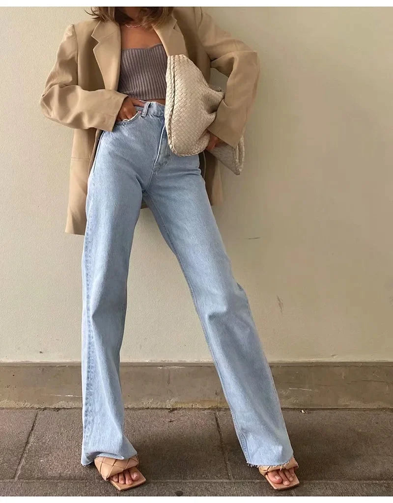 Straight Jeans Women High Waist Streetwear Light Blue Boyfriend Denim Pants Ladies Wide Leg White Jeans For Women