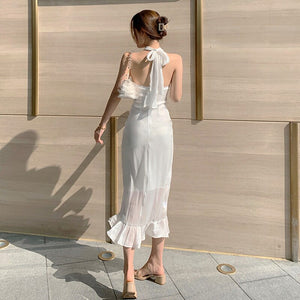 Summer Women Elegant Suspenders Midi Dress White Sexy Backless Ruffle Fishtail Dress Retro Luxury Ladies Clothing