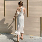 Summer Women Elegant Suspenders Midi Dress White Sexy Backless Ruffle Fishtail Dress Retro Luxury Ladies Clothing