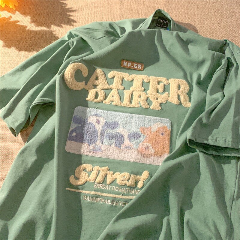 High Quality Brand Cute Cow Print Embroidery T Shirts Kawaii Clothes Teens Men Women Loose Summer Large 2XL Short Sleeve Tops