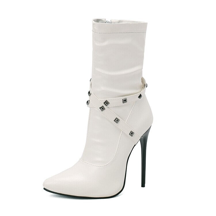Punk Studs Sexy 12cm Stiletto Heels Boots Women Cross-band Pointy Toe Thin High Heeled Rose Red Green White Boot Zipper