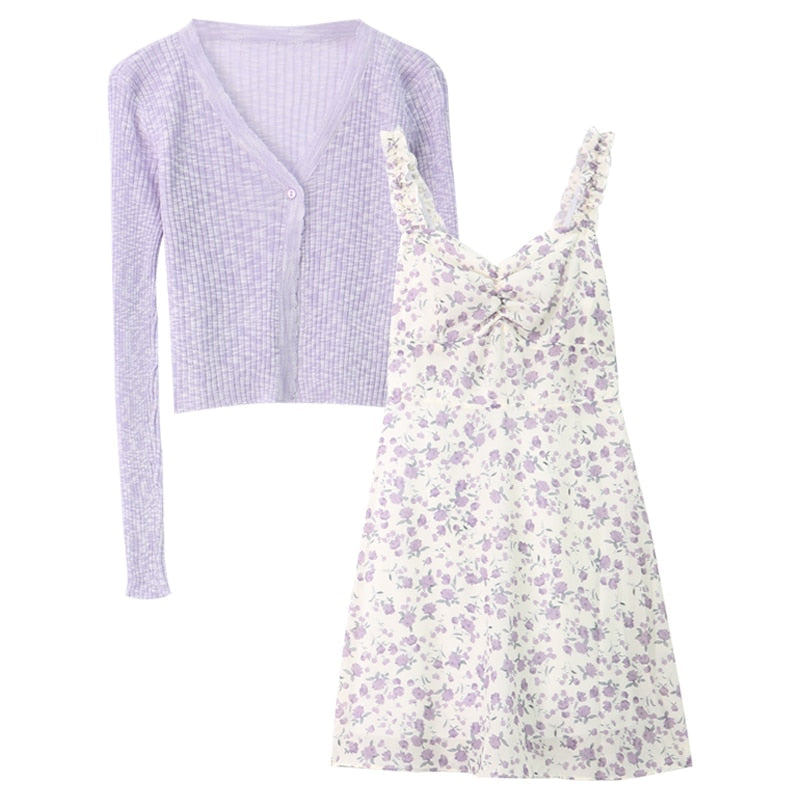 Goosudu Floral Slip Dress Fairy Dress Ladies Mini A-line Strap Dress  High Waist Ruched Purple Sundress For Women Spring  Clothing Robe Femme