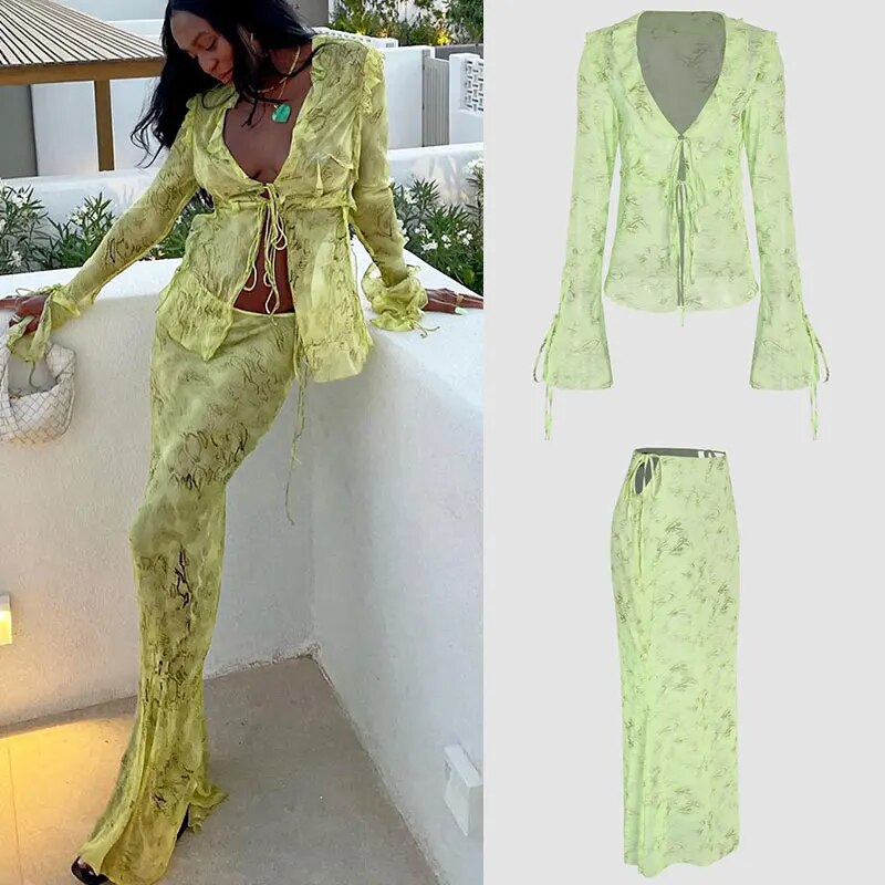 Summer Chiffon Fashion Maxi Skirt cover-up Women Elegant High Waist printed Holiday See-Through Printed Female Long Skirt