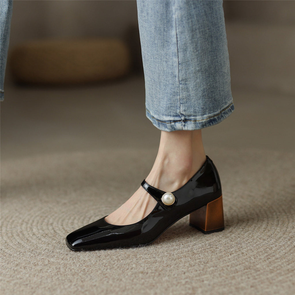 goosudu  Mary Jane High Heels Women Sheepskin Patent Leather Pumps Pigskin Lining and Sheepskin Insole Lolita Girl Shoes Big Size 42