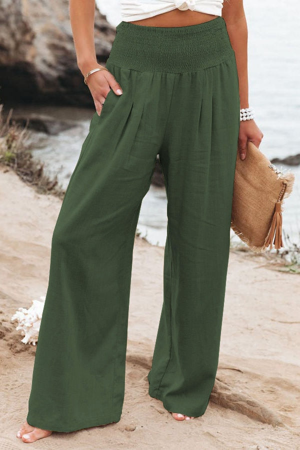 Spring Summer Cotton Linen Women Pants Pockets Solid Casual White Wide Leg Office Lady White Long Trousers Khaki