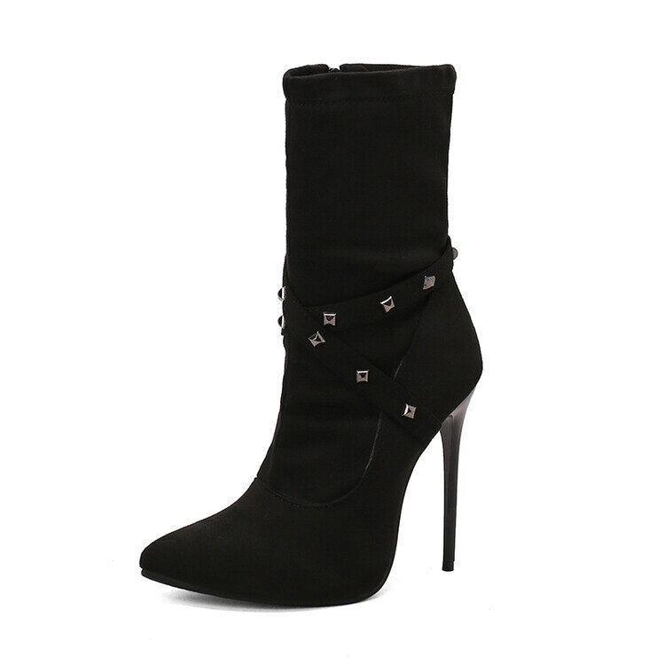 Punk Studs Sexy 12cm Stiletto Heels Boots Women Cross-band Pointy Toe Thin High Heeled Rose Red Green White Boot Zipper
