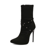 Punk Studs Sexy 12cm Stiletto Heels Boots Women Cross-band Pointy Toe Thin High Heeled Rose Red Green White Boot Zipper