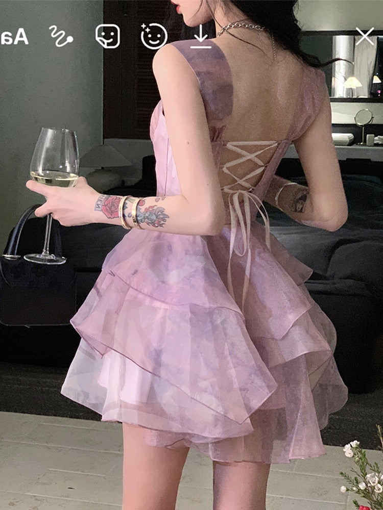 Holiday Sexy Spaghetti Strap Dress High Waist Sweet Mini Princess Dress Female Summer Purple Mesh Puffy Dress Robe Vestido