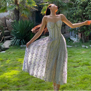 Lace Floral Sling Dress Women's Summer Spaghetti Strap Dress French Fairy Elegant Long Wrapped Chest Party Dresses Robe