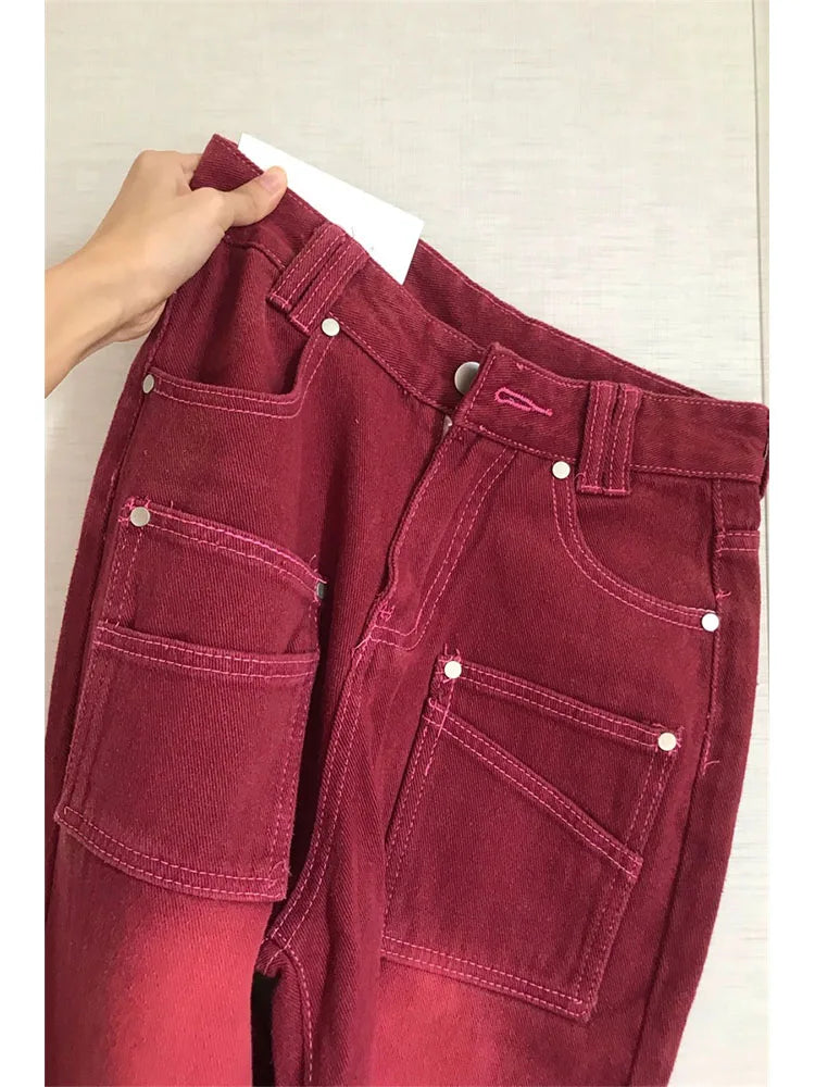 High Street Streetwear Baggy Jeans Women Denim Trousers High Waist Y2k Vintage Washed Distressed Wide Leg Mopping Red Pants