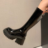 Patent Leather Chunky Platform Long Boots Women  Autumn Punk Thick Heels Shoes Woman Zipper Black Motorcycle Botas De Mujer