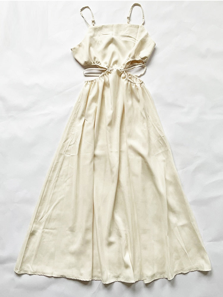 goosudu Spaghetti Strap Waist Hollow Out Beige Summer Maxi Long Dress Solid Elegant Backless Sundress Casual Women Dress
