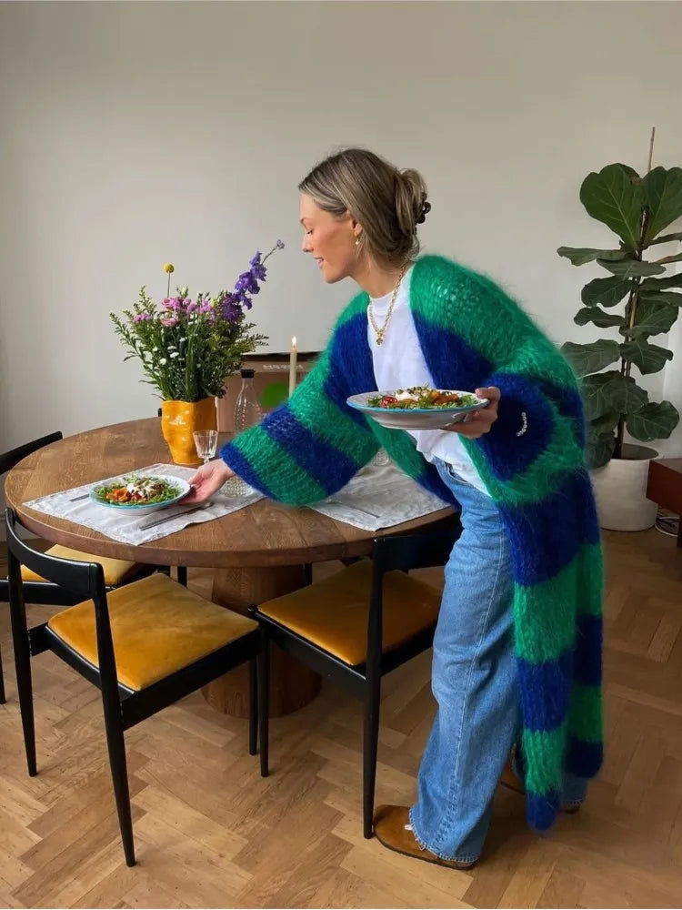 Stripe Women Knit Splice Cardigans Loose Autumn Winter Vintage Full Sleeve Long Coat Ladies Casual Street Jacket Knitwear