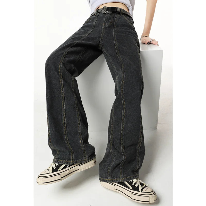 Winter Vintage Navy Blue High Waist Women Jeans American Fashion Streetwear Wide Leg Jean Female Trouser Straight Denim Pants