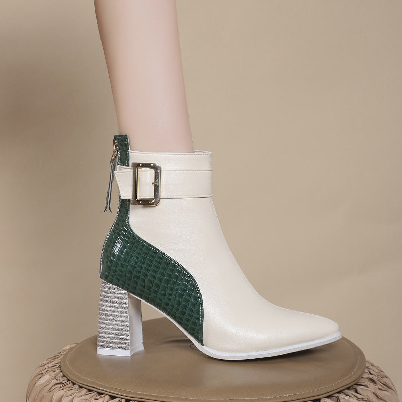 goosudu High Heel Women's Boots Autumn Fashion PU Leather Pointed Toe Ankle Boots Party Zipper Luxury High Heels Pumps Zapatos