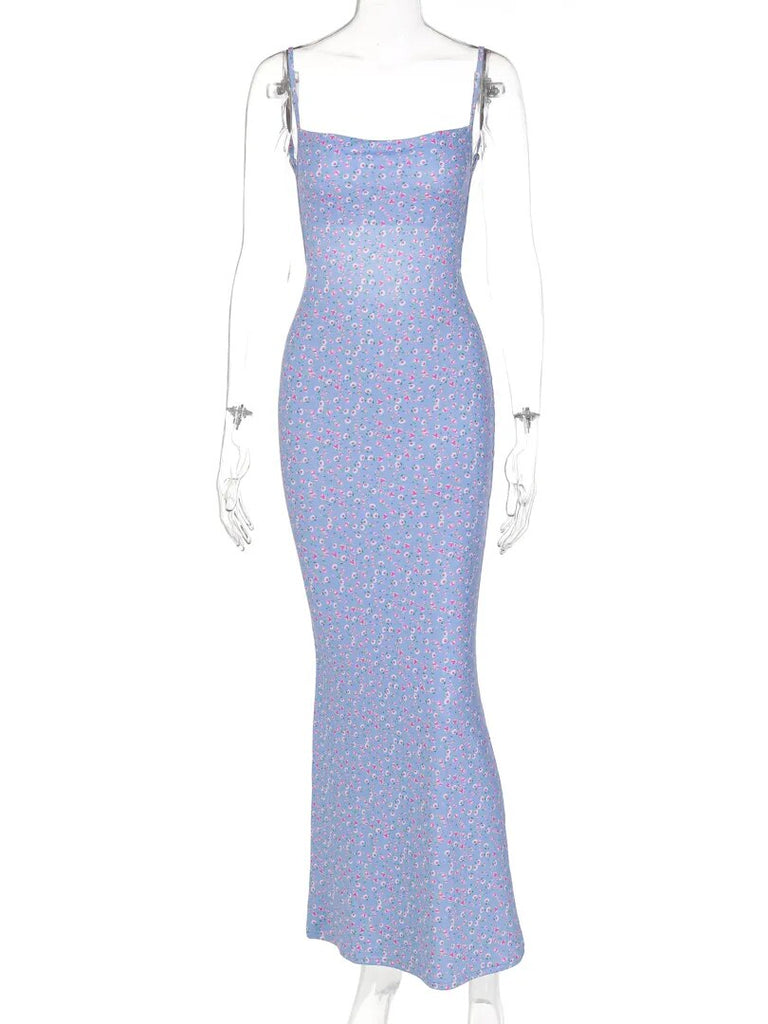 Flower Print Slip Sleeveless Backless Slim Sexy Maxi Dress Spring Women Elegant Streetwear Party Clothing Concise