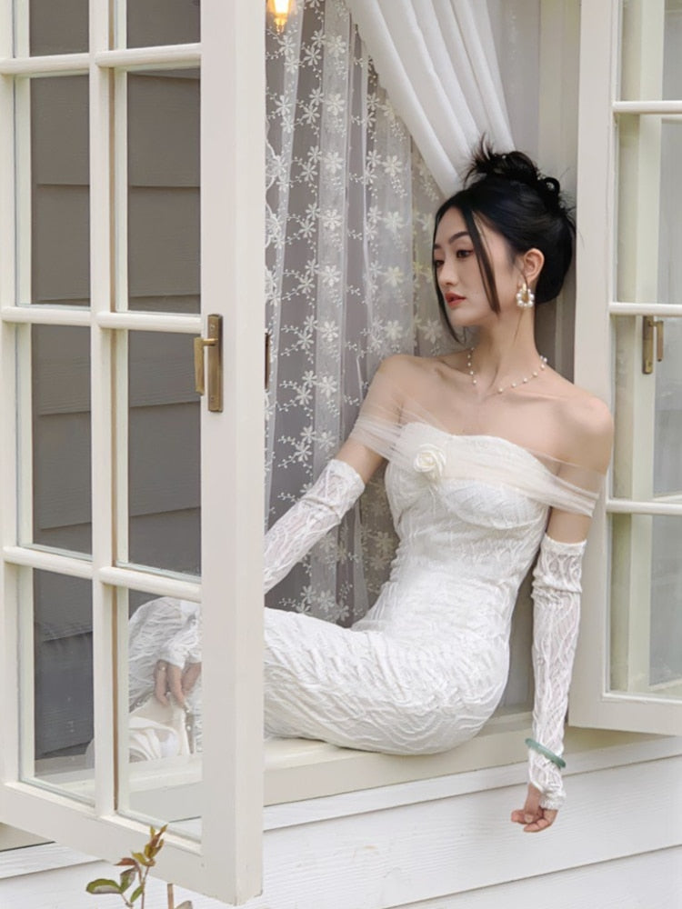 Summer Elegant Vintage White Dress Women Chic One Piece Dress Korean Casual Long Sleeve Beach Party Midi Dress Office Lady