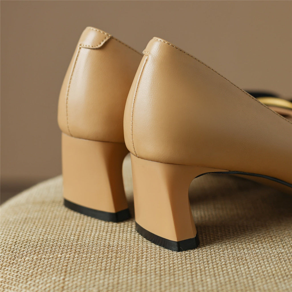 Pumps Shoes Women Mid Heel Spring Sheepskin Square Toe Thin Heel Metal Decoration Party Black Handmade Shoe Big Size 42